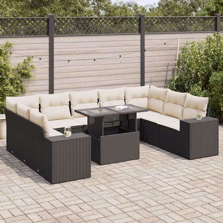 Set Divani da Giardino vidaXL a Forma a U in Polyrattan Nero con Cuscini e Tavolino da Esterno