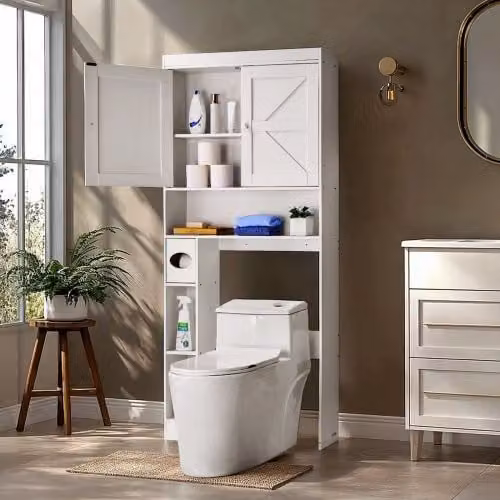 Mobiletto Portaoggetti per Bagno Vevor Bianco con Doppia Anta e Ripiano Aperto, H: 171,3 cm, L: 81,5 cm, P: 19,5 cm