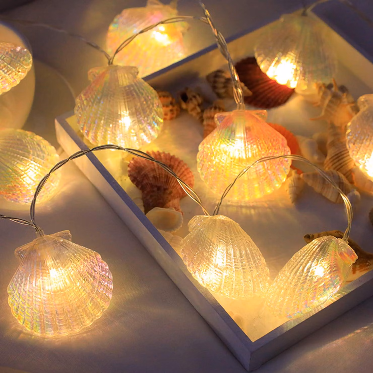 Catena luminosa a LED con 30 conchiglie, lunghezza 4,5 metri, luce bianco caldo, 8 modalità