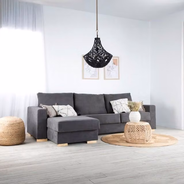 Divano letto Banak Dastyn a L con chaise longue sinistra, 4 posti, grigio, con contenitore e struttura in legno