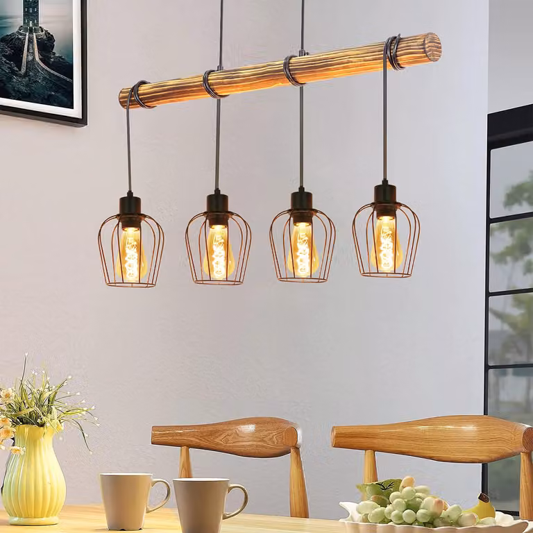 ZMH lampada a sospensione vintage legno 4 luci nero E27 incasso soffitto design industriale regolabile altezza per sala da pranzo soggiorno