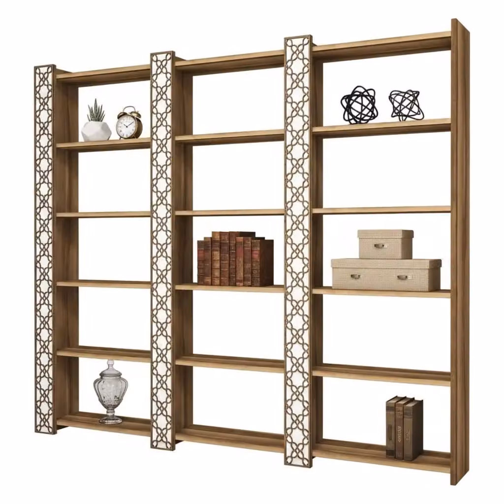 Libreria Vele DMORA per ufficio e soggiorno, mobile portalibri moderno con design geometrico, L: 185 cm, P: 24,2 cm, H: 170 cm, Noce e Bianco – 2