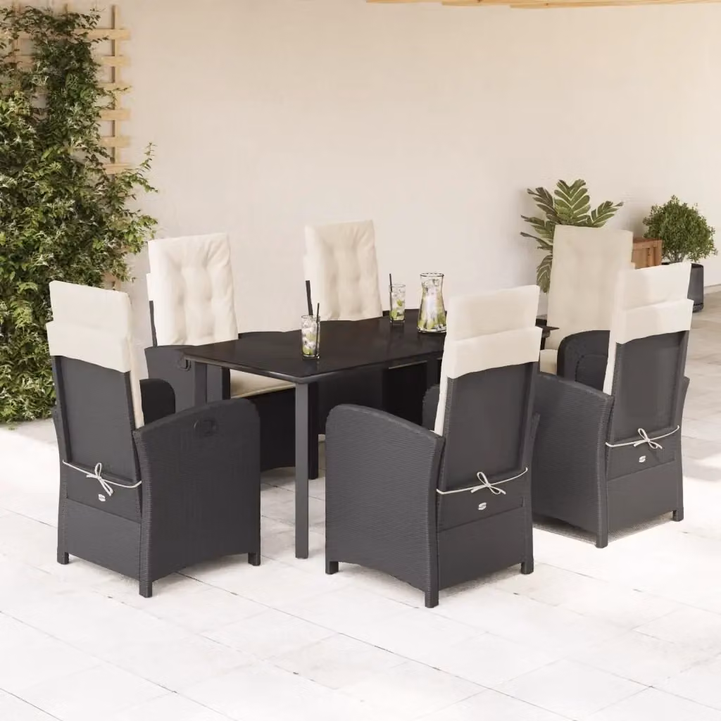 vidaXL Set da Pranzo da Giardino 7 pz in Polyrattan Nero con Cuscini e Tavolo in Vetro – 2