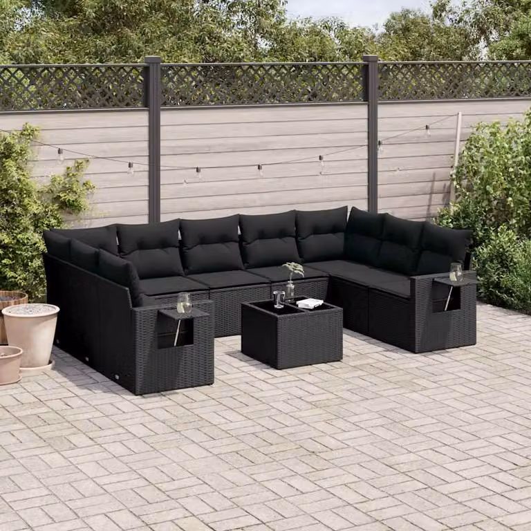 vidaXL Set Divani da Giardino a L 10 Pezzi in Polyrattan Nero con Cuscini e Tavolino