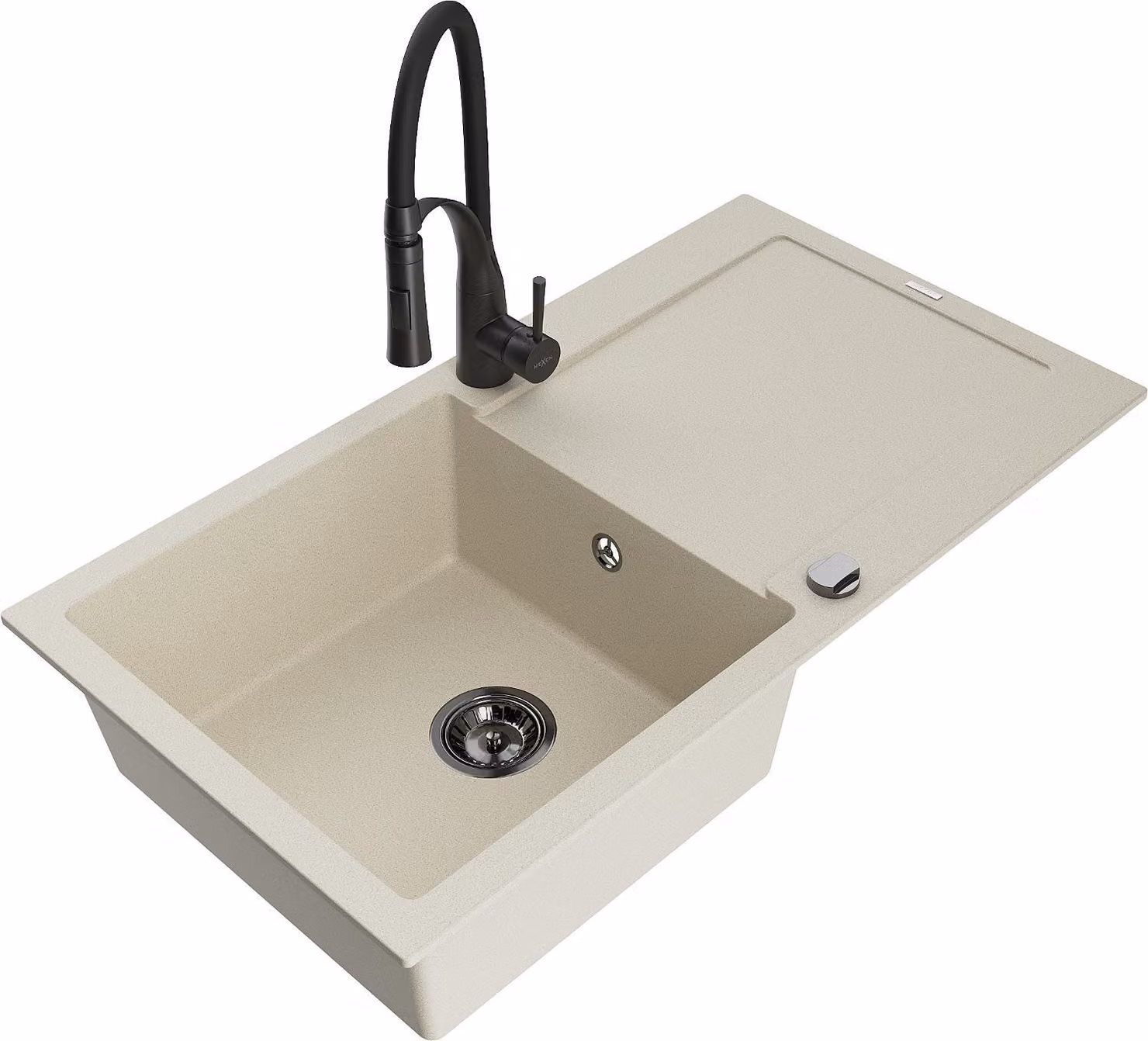 Mexen Leo lavello in granito 1-vasca con sgocciolatoio e batteria da cucina Aster, beige - 6501-69-73450-70-B