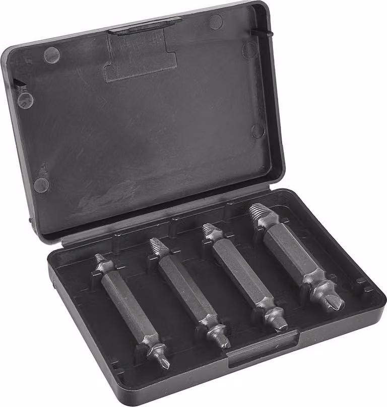 Set professionale di 4 pezzi di utensili per la rimozione delle viti strappate, ideale per officine e progetti fai-da-te.