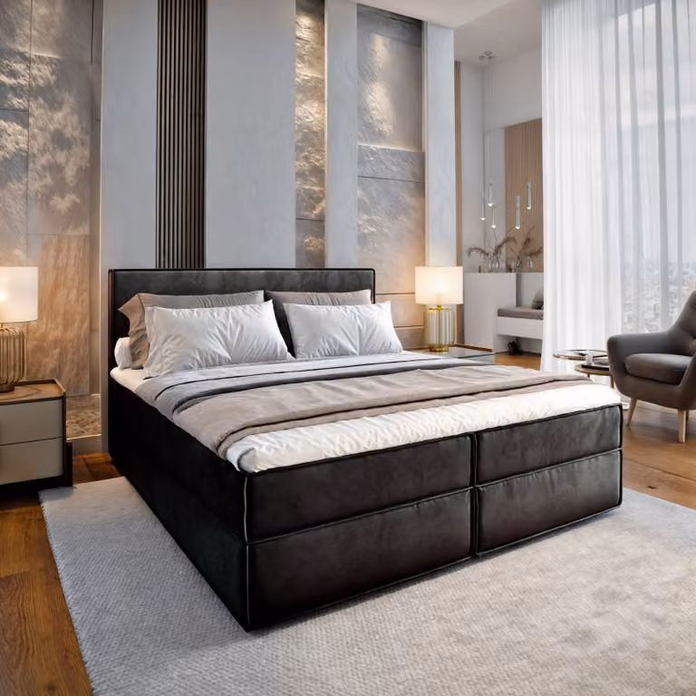 Letto a molle Masseno PELLIO 160x200 cm completo di materasso e topper Bonell, letto imbottito con cassettiere - nero, MONOLITH 95
