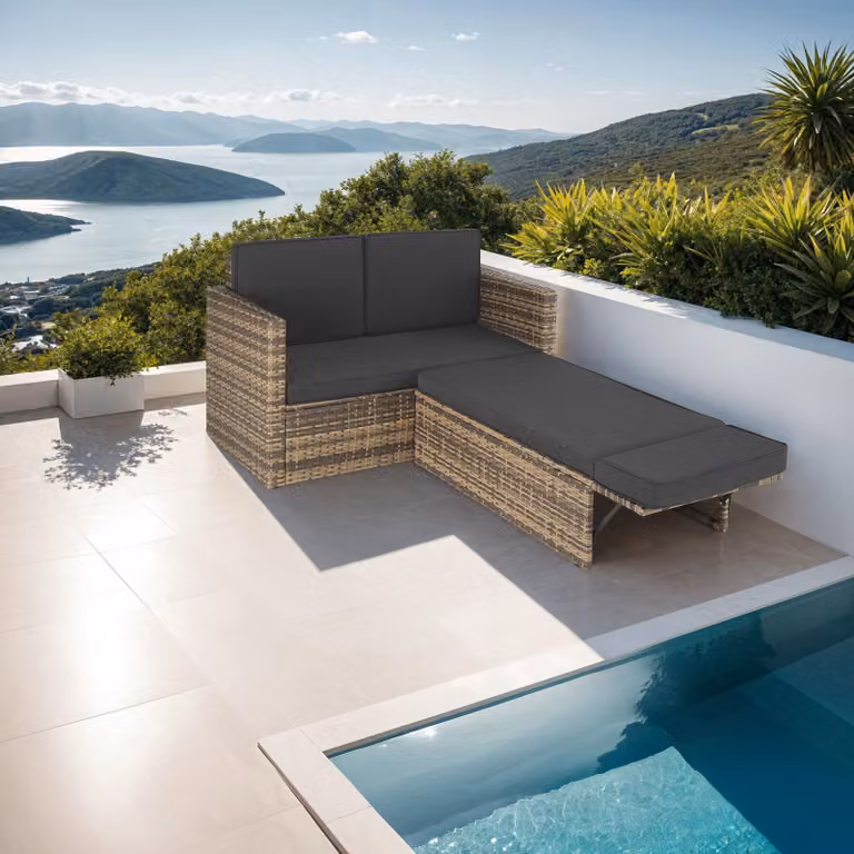 Divano lounge moderno Tectake con pouf e cuscini in rattan e metallo, colori beige, sabbia o grigio