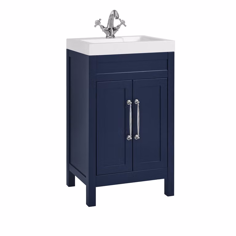 Mobile Bagno Blu Marino da 500mm con Lavabo e Maniglie Classiche con Barra a T Cromato - Warwick