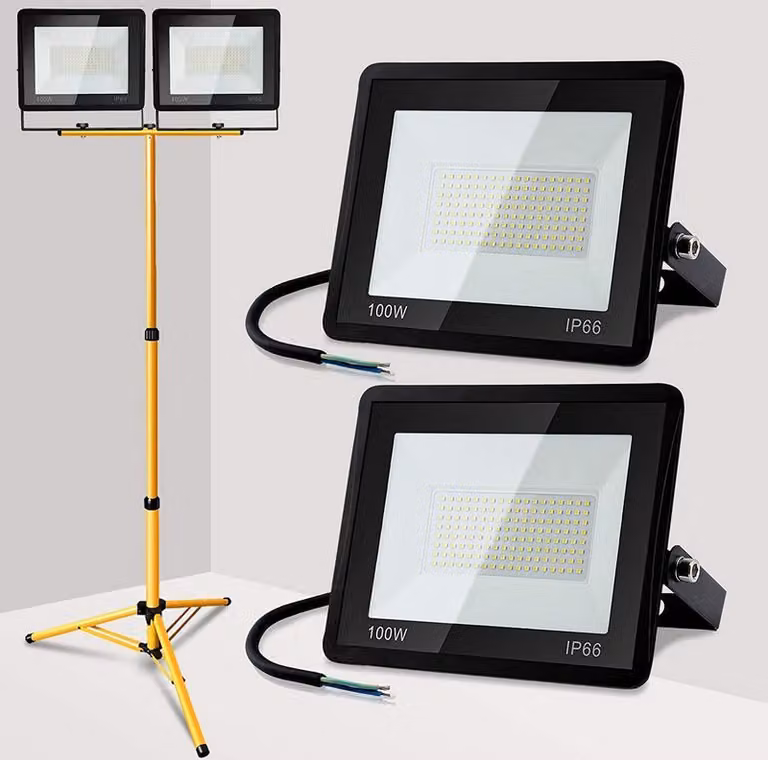 Jopassy Proiettore a LED con treppiede faretto da costruzione faretto IP66 proiettore luci da lavoro per giardino cortile cortile 2X100W bianco freddo
