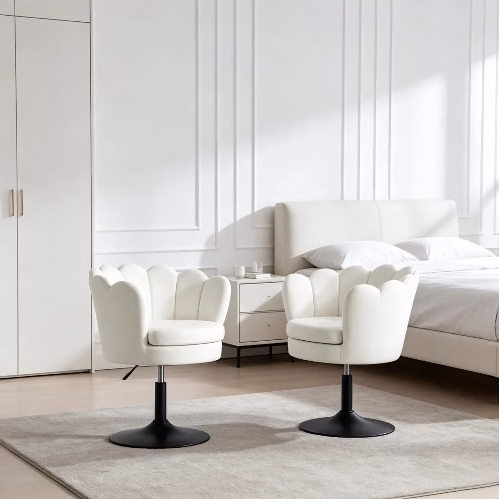 Sgabello girevole regolabile REDOM in velluto beige e bianco con base in metallo L: 61,5 cm, P: 65 cm, H: 71-83 cm – 2