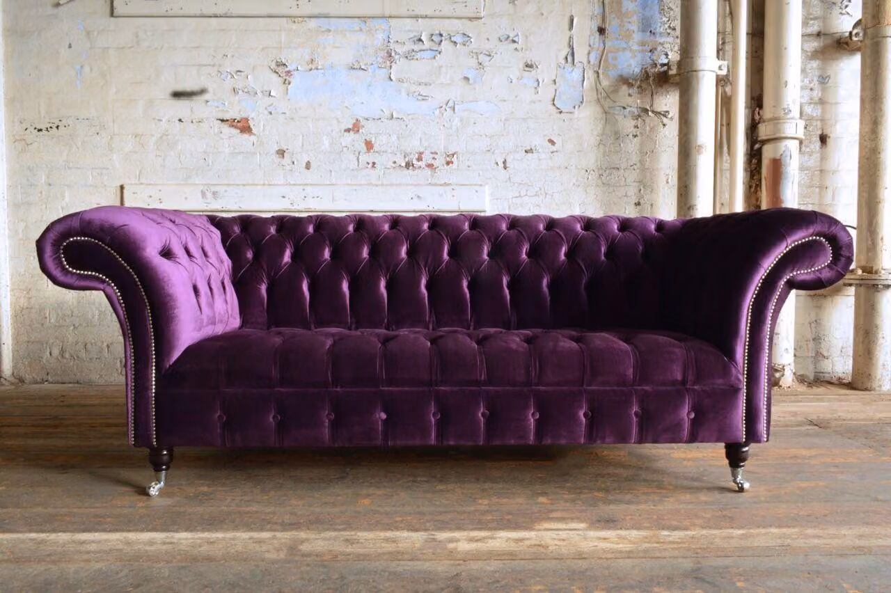 Chesterfield 3 Sitzer Sofa Couch Leder Samt Garnitur Polster Sitz Lila