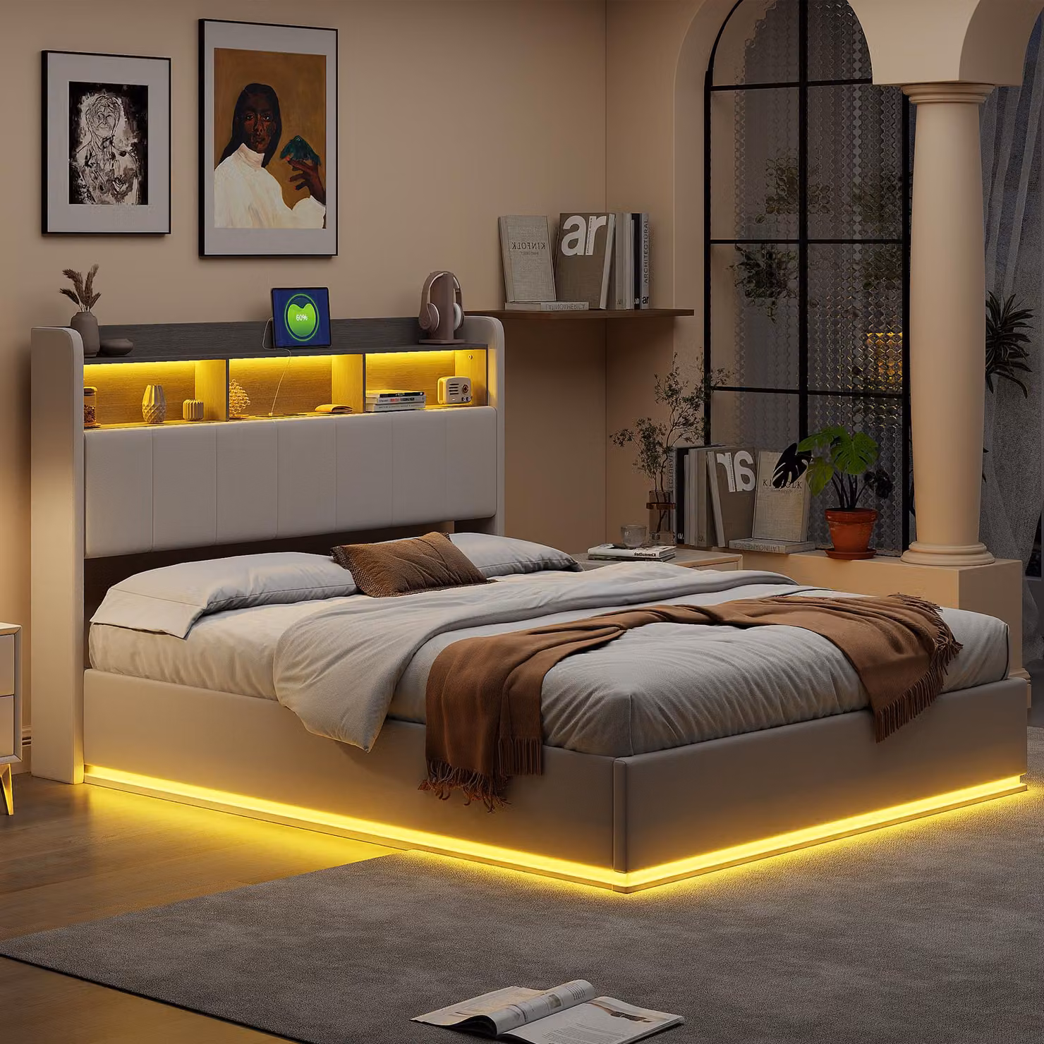 CDGlobal letto imbottito 160x200cm con rete a doghe e contenitore, letto a molle con rete a Led, letto matrimoniale con contenitore, letto funzionale in Pelle finta, bianco