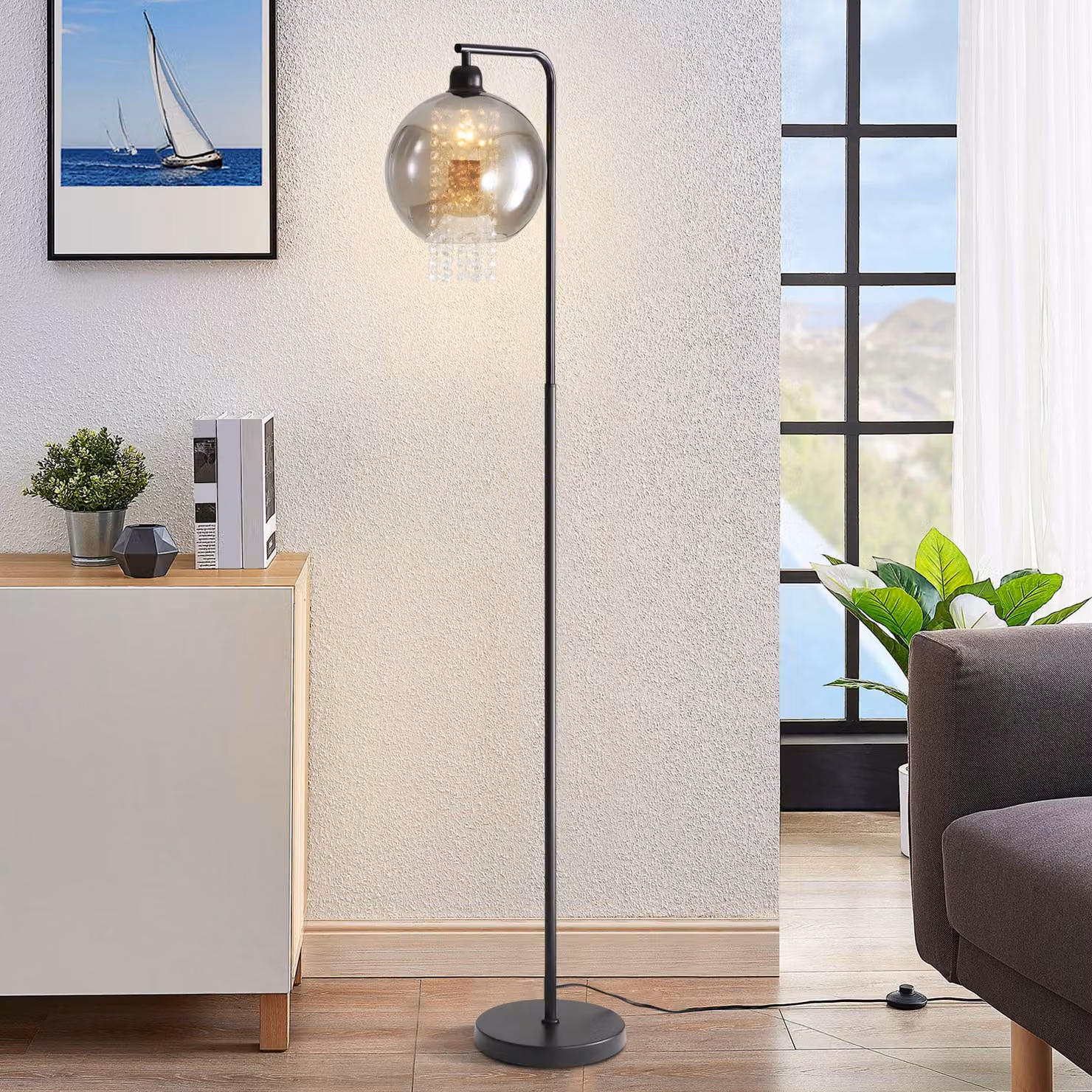 ZMH lampada da terra soggiorno camera da letto E27 lampada da terra grigio fumo grande lampada da terra moderna con interruttore a pedale design palla di vetro cristallo per ufficio divano camera dei bambini hotel (senza lampadina)