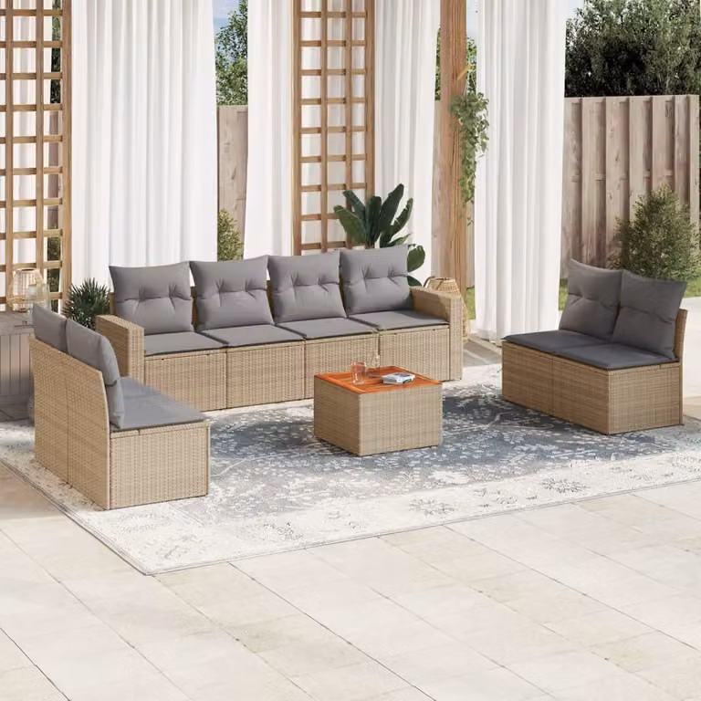 vidaXL Set Divano da Giardino 9 pz in Polyrattan con Cuscini Beige e Tavolino da Esterno