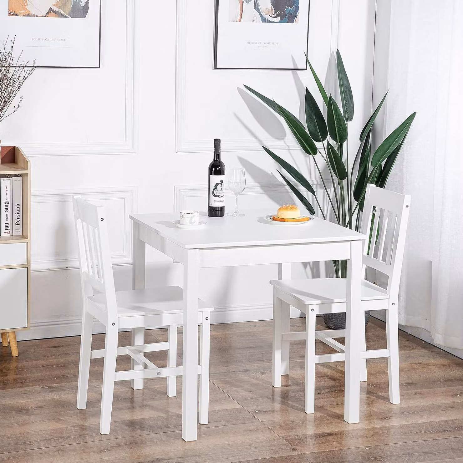 Set da pranzo composto da tavolo e 2 sedie, in legno di pino, colore bianco, stile scandinavo, salvaspazio
