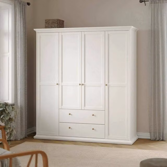 Armadio Amarena DMORA per camera da letto, cabina armadio con ante a battente e cassetti, Bianco opaco, L: 181 cm, P: 60,5 cm, H: 200,6 cm – 1