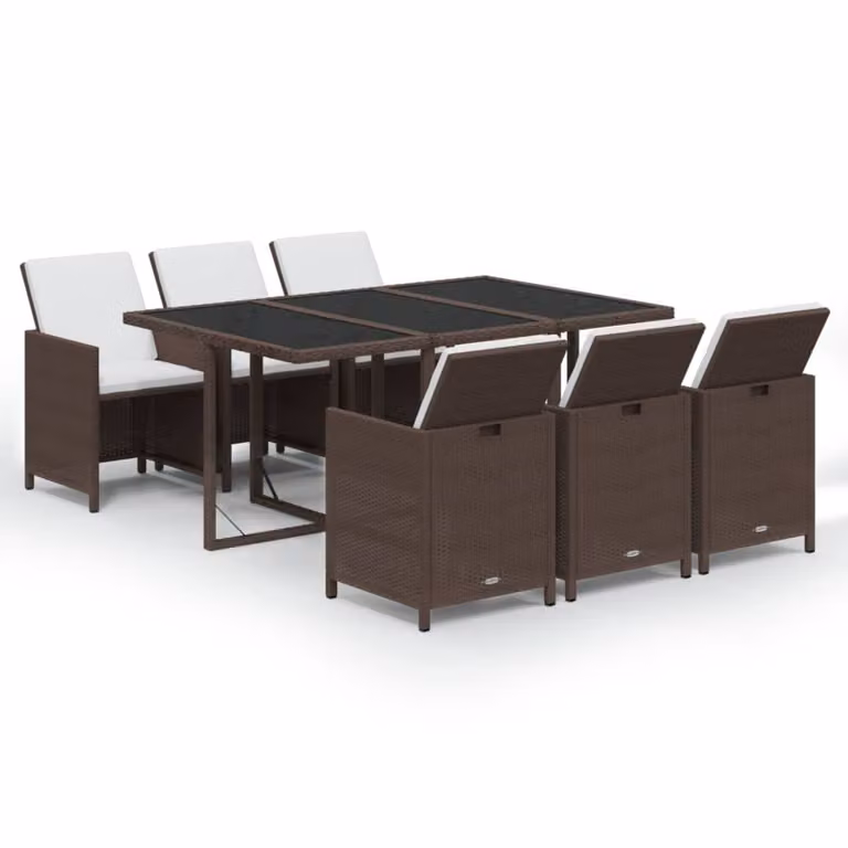 Set da Pranzo da Giardino 7 pz con Cuscini Polyrattan Marrone