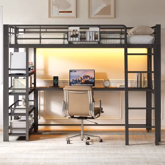 Letto a soppalco Mivray nero con scrivania, ripiani, illuminazione LED e porta di ricarica USB in metallo e MDF, L/P: 140 x 200 cm