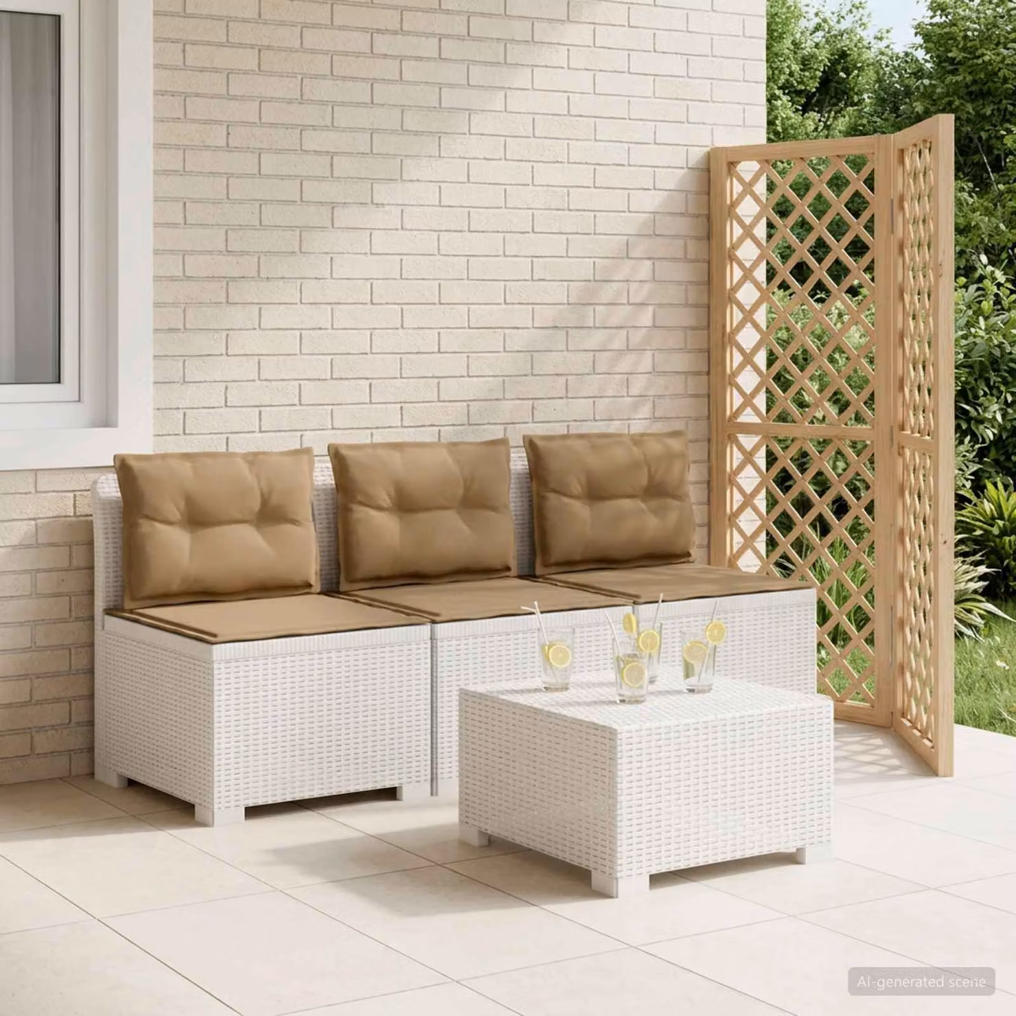 Divano da giardino a 3 posti vidaXL con cuscini in tessuto beige e bianco, design moderno in look rattan resistente alle intemperie