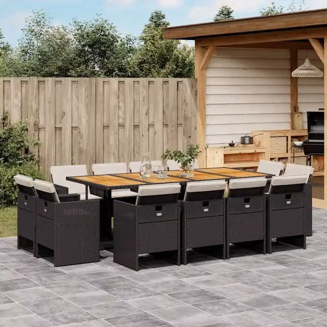 Set da pranzo da giardino vidaXL in polyrattan e legno di acacia con 13 pezzi e cuscini, moderno, nero e marrone – 1
