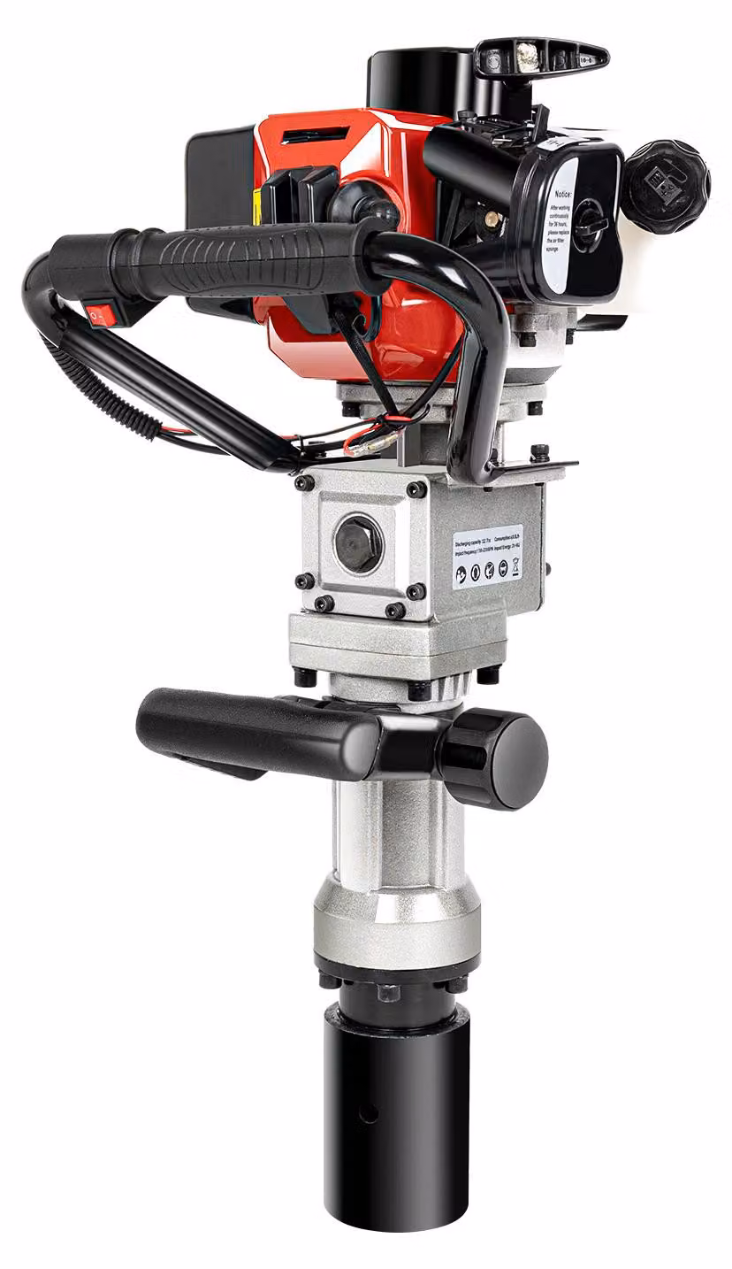 Martello compattatore a benzina, potenza 900W, cilindrata 32,7cc, velocità massima 8500 giri/min, energia d'impatto 25-50 J, avviamento a strappo manuale