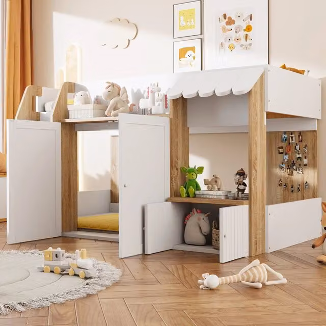 Letto rialzato a casetta 90 x 200 cm con scala; 2 ante e mensole; pino; compensato e MDF; bianco e naturale