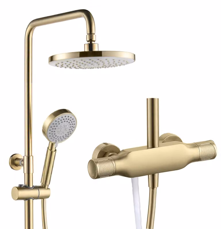 Sistema doccia in ottone spazzolato dorato, 3 funzioni, soffione da 23 cm, montaggio a parete