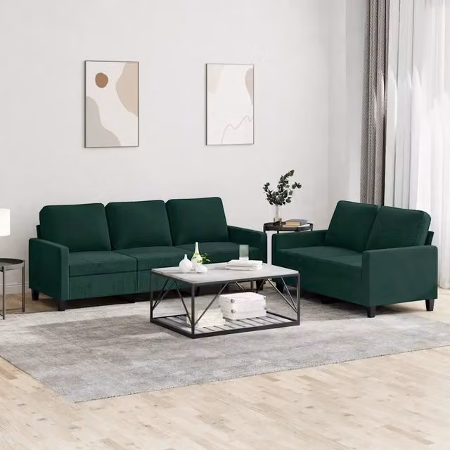 Set di divani vidaXL in velluto verde composto da un divano a 2 posti e un divano a 3 posti con cuscini coordinati per il tuo soggiorno moderno – 1