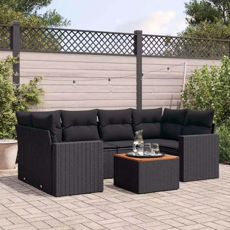 vidaXL Set Divano da Giardino a L con 7 Pezzi in Polyrattan Nero e Cuscini Imbottiti
