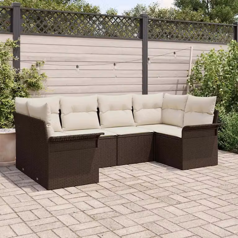Set Divano da Giardino vidaXL 6 Pezzi a Forma di L Marrone con Cuscini in Poliestere Resistente ai Raggi UV e Struttura in Acciaio Verniciato a Polvere