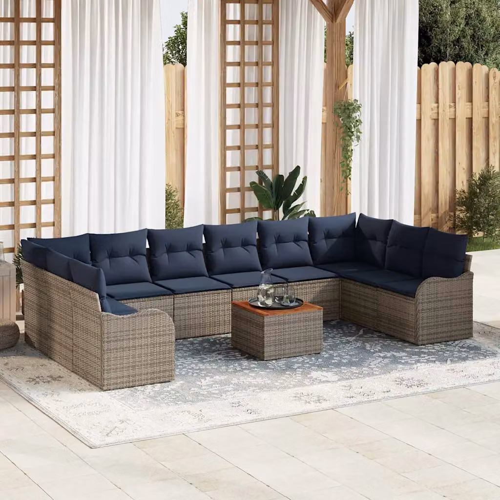 Set Divano da Giardino vidaXL 11 Pezzi Grigio con Tavolino e Cuscini in Polyrattan e Acciaio