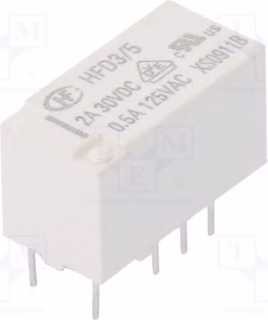 1 relè: elettromagnetico, 0,5A/125VAC. Bobina: 5VDC, 2A. Modello: HFD3/5, elettromagnetico