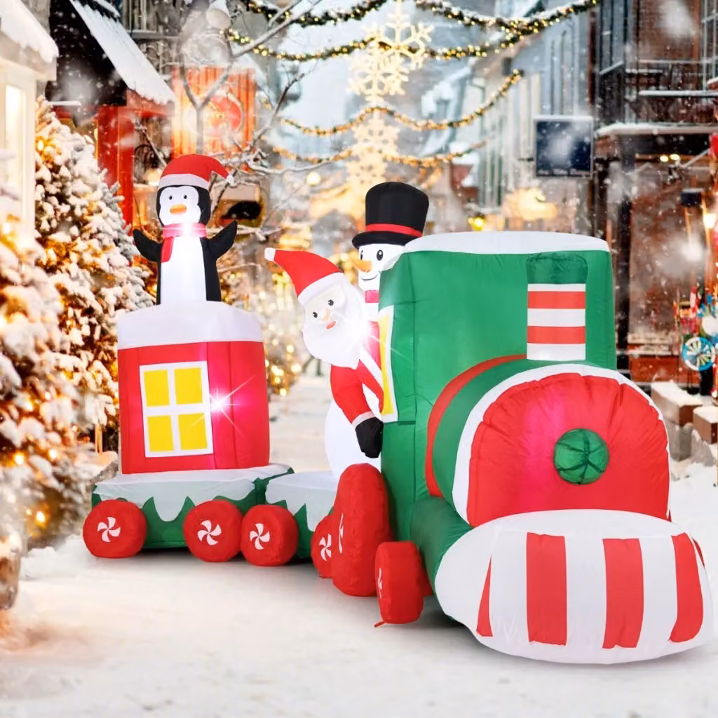 Decorazione natalizia gonfiabile Design Mania con treno di Babbo Natale e pupazzo di neve, multicolore, H: 177 cm, L: 120 cm, P: 31 cm – 2