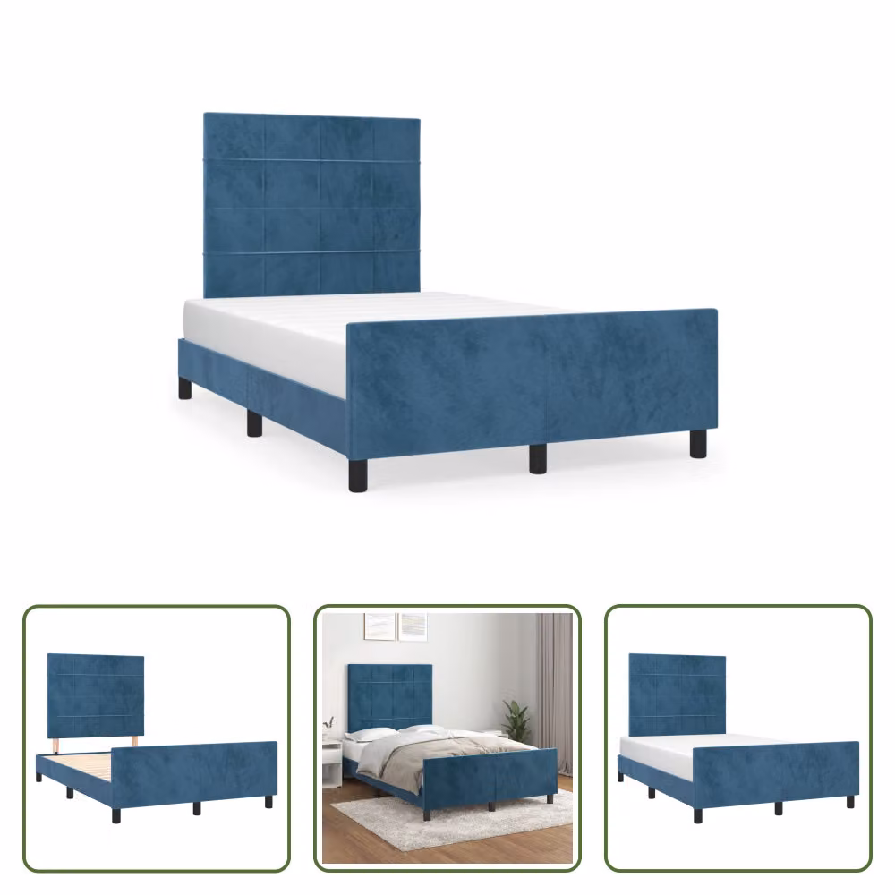 The Living Store Struttura letto con testiera in velluto blu scuro 120x190 cm