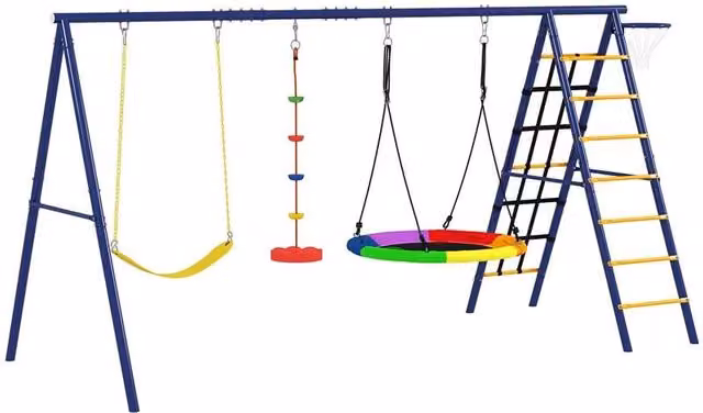 GIOCO PER BAMBINI 3-8 ANNI CON 3 ALTALENE SCALA A CORDA E CANESTRO BASKET IN ACCIAIO PE E PP 3.5X1.8X2 M