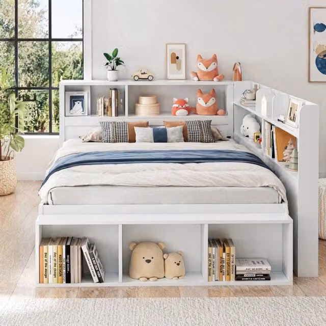 Letto multifunzionale REDOM bianco con cassetti e vani contenitore L/P: 140 x 200 cm
