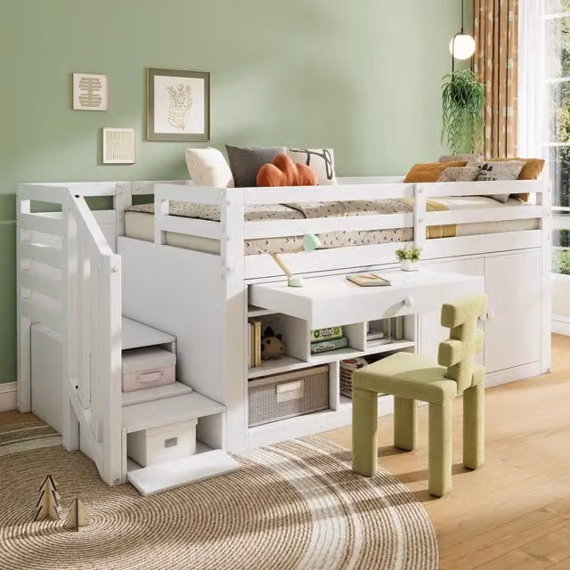 Letto per bambini multifunzionale in legno 90 x 200 cm con scala e contenitore, cassetti usabili come scrivania - Bianco [OLD SKU:N634P182446780W]