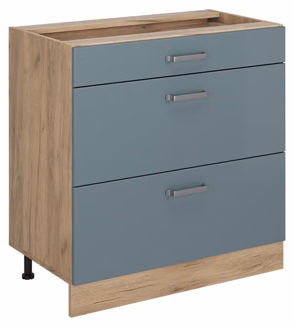 Mobiletto base per cucina Vicco R-Line Grigio-blu/Rovere dorato 80 cm con 3 cassetti senza piano di lavoro, Model 72455