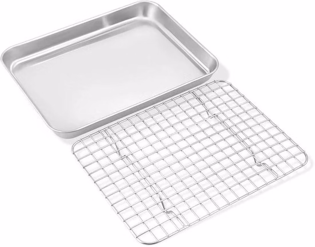 Azomor: piccola teglia in acciaio inossidabile con griglia di raffreddamento per un utilizzo versatile