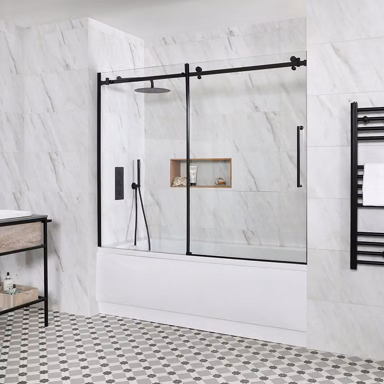 Vasca da Bagno Rettangolare con Parete Scorrevole Nera e Pannello Frontale - Scelta di Dimensioni - Exton