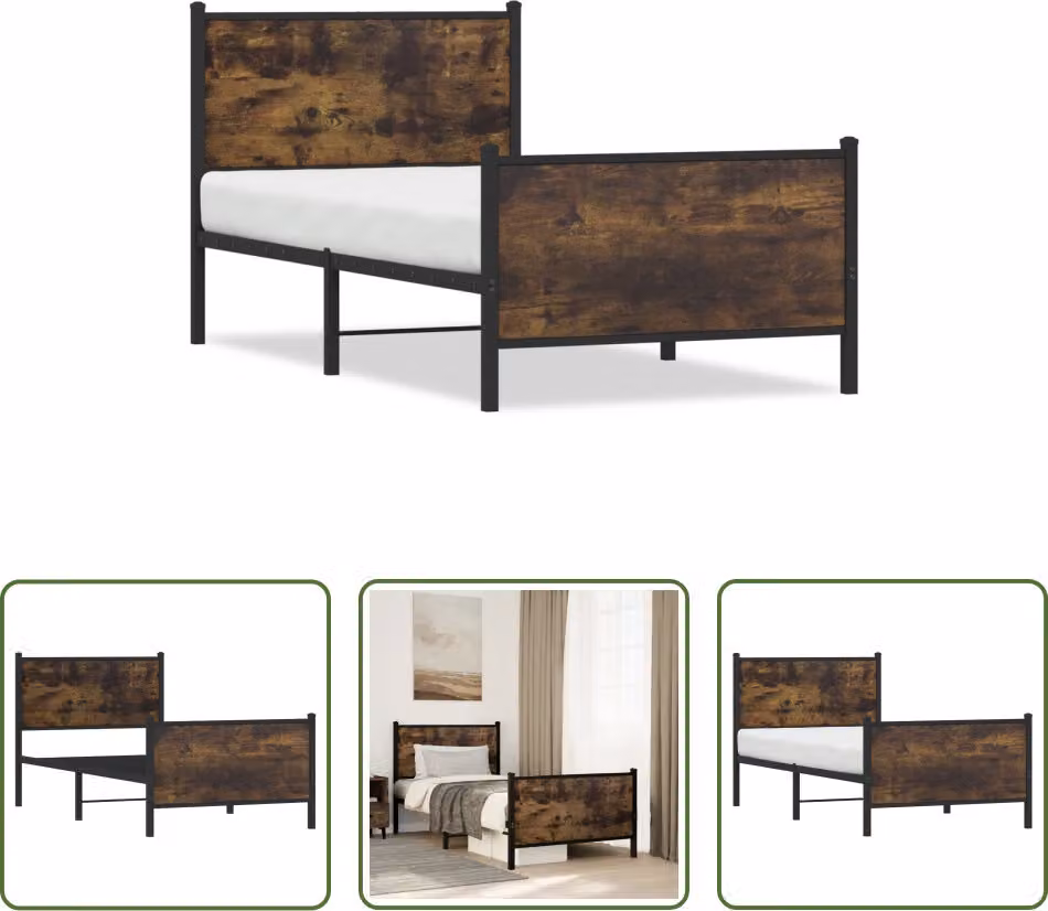 The Living Store Struttura letto con testiera e pediera in metallo rovere fumé 75x190 cm