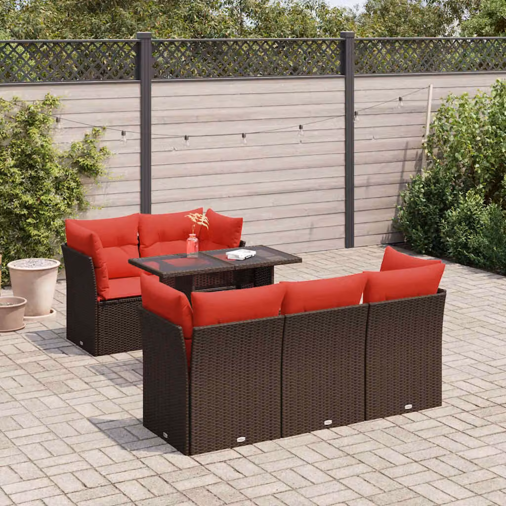Set Divano da Giardino vidaXL 6 Pezzi a Forma di L in Polyrattan Marrone con Cuscini e Tavolino da Caffè