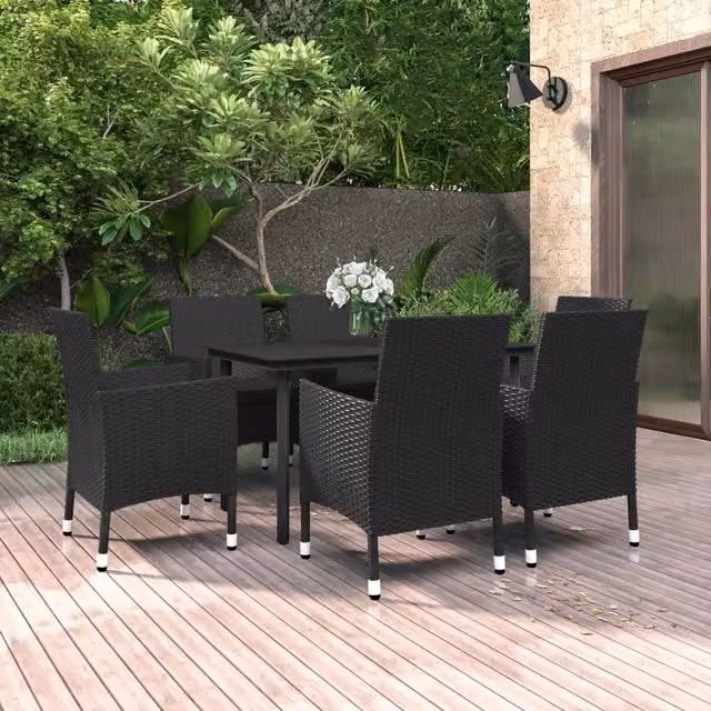 Set da Pranzo da Giardino vidaXL in Polyrattan e Vetro Nero, 7 Pezzi