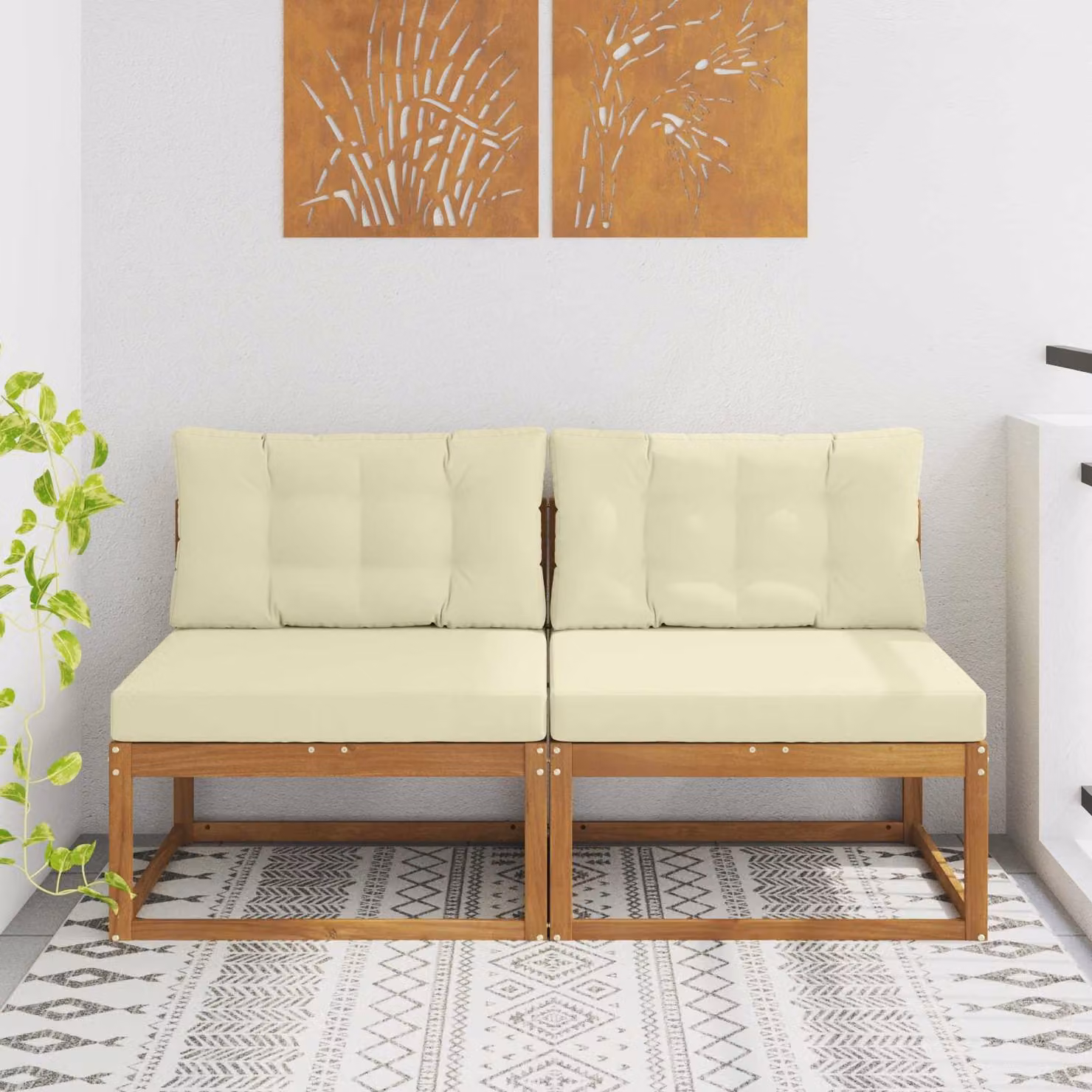 Set di 2 divani centrali da esterno vidaXL in legno di acacia con cuscini beige e marrone