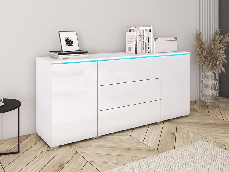 Cassettiera combinata con illuminazione a LED bianca AKASURI - bianco / bianco lucido