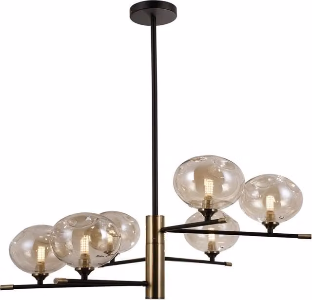 Lampadario a soffitto Mesta Italux in metallo nero e bronzo con vetro ambra per 6 lampadine G9