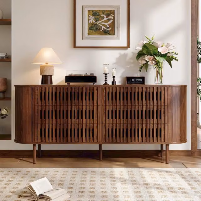 Credenza con 6 cassetti design a lamelle traforate MDF color noce gambe in metallo portata 70 kg 160 × 40 × 70 cm