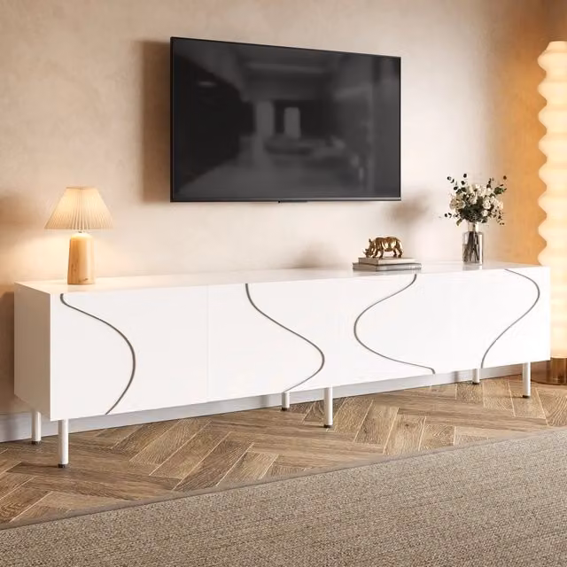 Mobile TV moderno WISHDOR bianco con 4 ante e funzione push-to-open, L: 170 cm, P: 35 cm, H: 50 cm