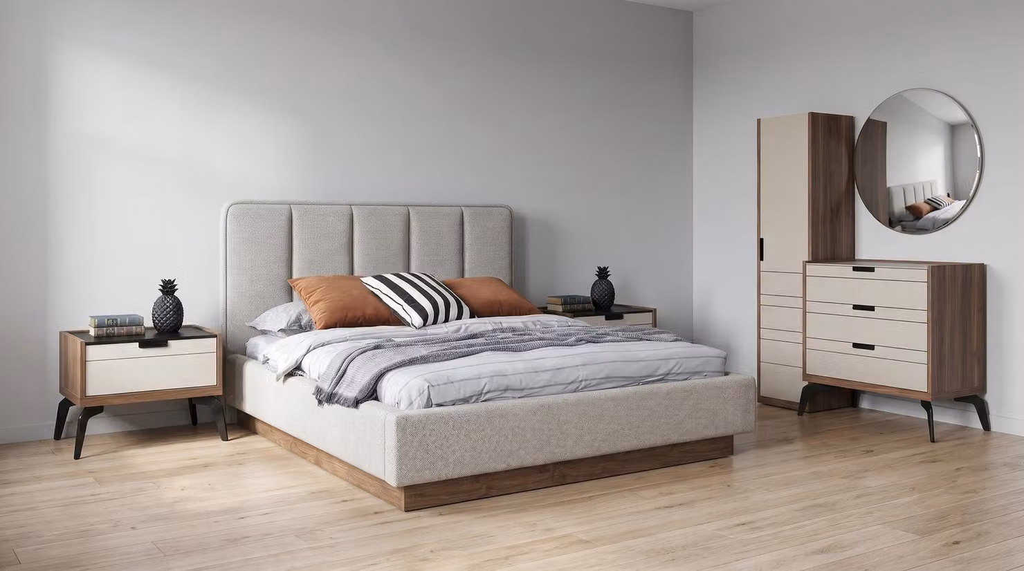 Set per camera da letto moderno: letto, due comodini, una cassettiera, uno specchio, design in legno